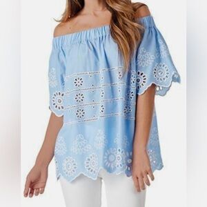 Off-Shoulder Blue Eyelet Top